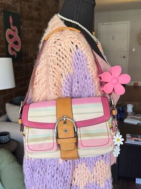 Vintage Coach Striped Pastel Shoulder Bag with Pink Trim and Tan Buckle